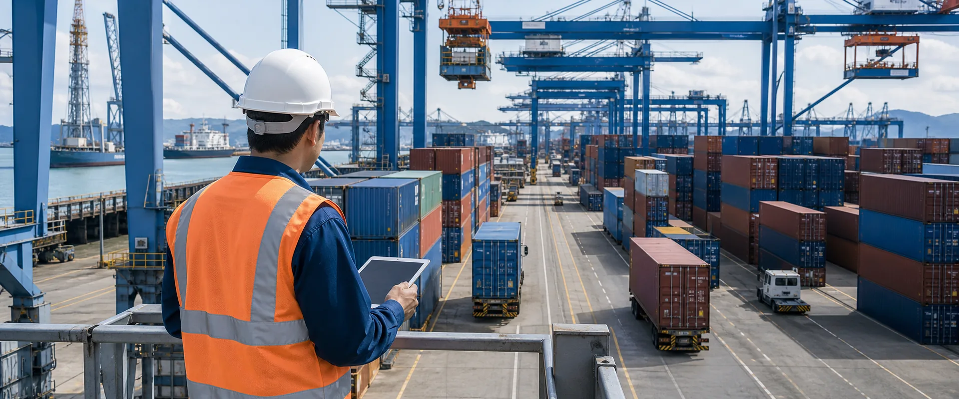 Transitaire Chine-France : coordinateur logistique au terminal avec tablette et conteneurs