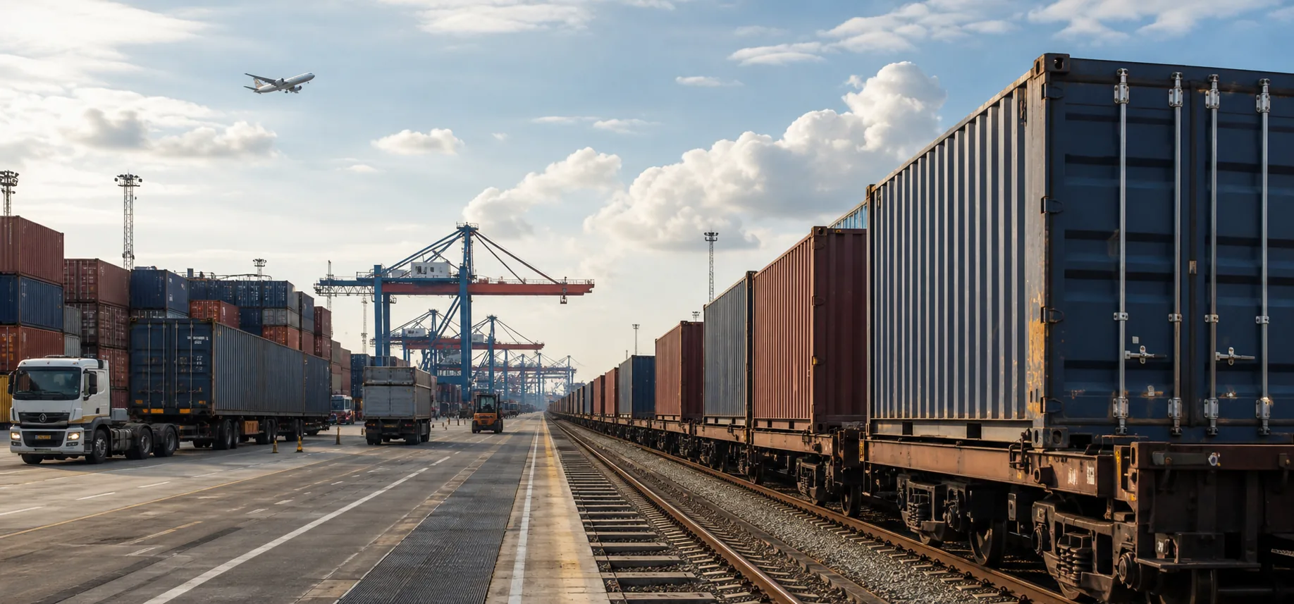 Transport Chine-France : hub logistique multimodal avec train de fret, camions et conteneurs